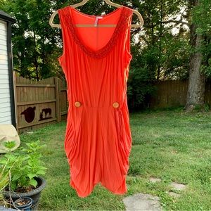 Ethyl Sleeveless Coral Dress 🪸 Tie in back w/ Pockets & Ruffle Scoop Neck sz XL